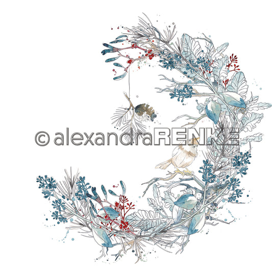 A. RENKE - Carta  "Floral Christmas Winter Wreath with Bird" - 10.2028