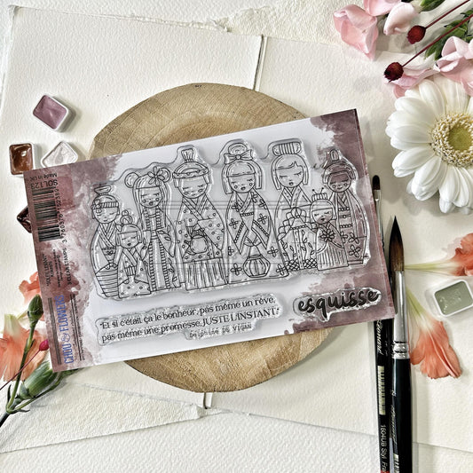 SET TIMBRI CLEAR - KOKESHI -SOL123- CHOU & FLOWERS