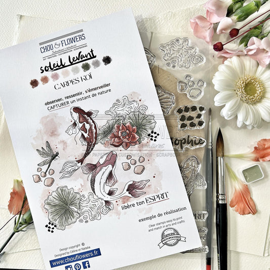 SET TIMBRI CLEAR - CARPES KOI -SOL132- CHOU & FLOWERS