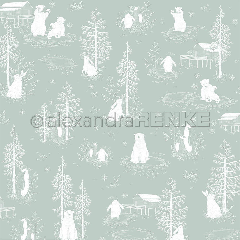 Design paper 'Polar bear and friends on jasper green'- P-AR-10.3227- A.RENKE