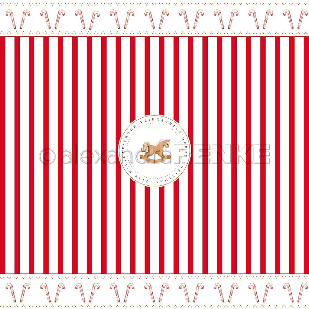 Design paper 'Red candy cane stripes with rocking horse'- P-AR-10.3727- A.RENKE