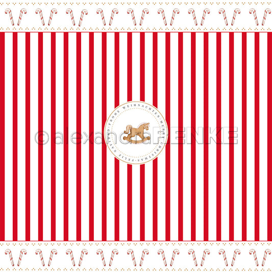 Design paper 'Red candy cane stripes with rocking horse'- P-AR-10.3727- A.RENKE