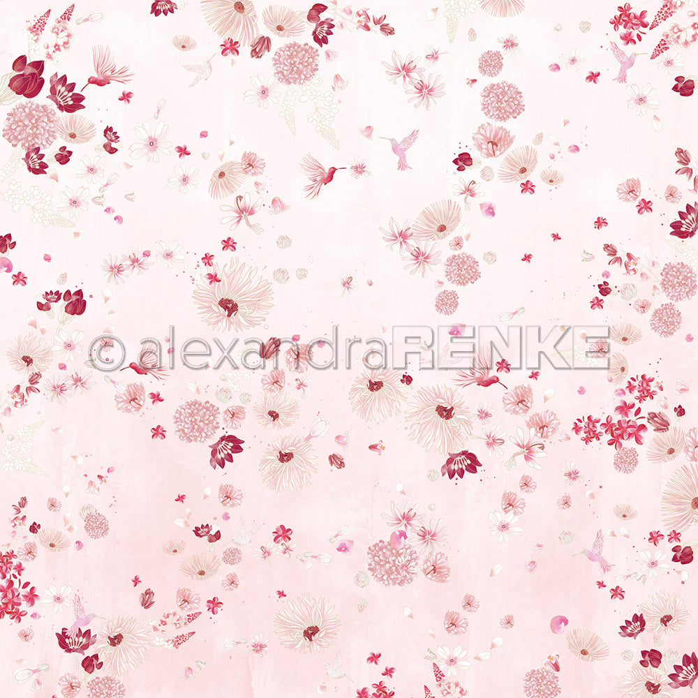 Designpapier 'Florale Blütenkomposition auf Blumenrosa' 200g/m²