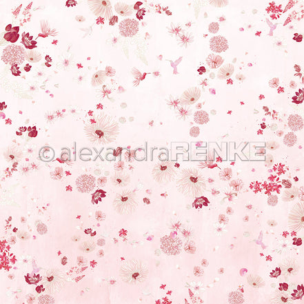 Designpapier 'Florale Blütenkomposition auf Blumenrosa' 200g/m²