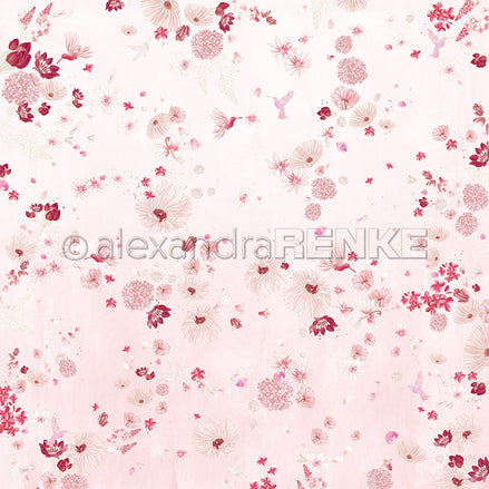 Designpapier 'Florale Blütenkomposition auf Blumenrosa' 200g/m²