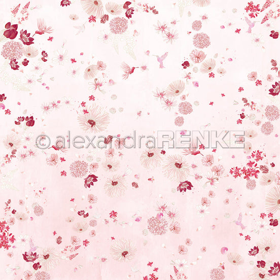 Designpapier 'Florale Blütenkomposition auf Blumenrosa' 200g/m²