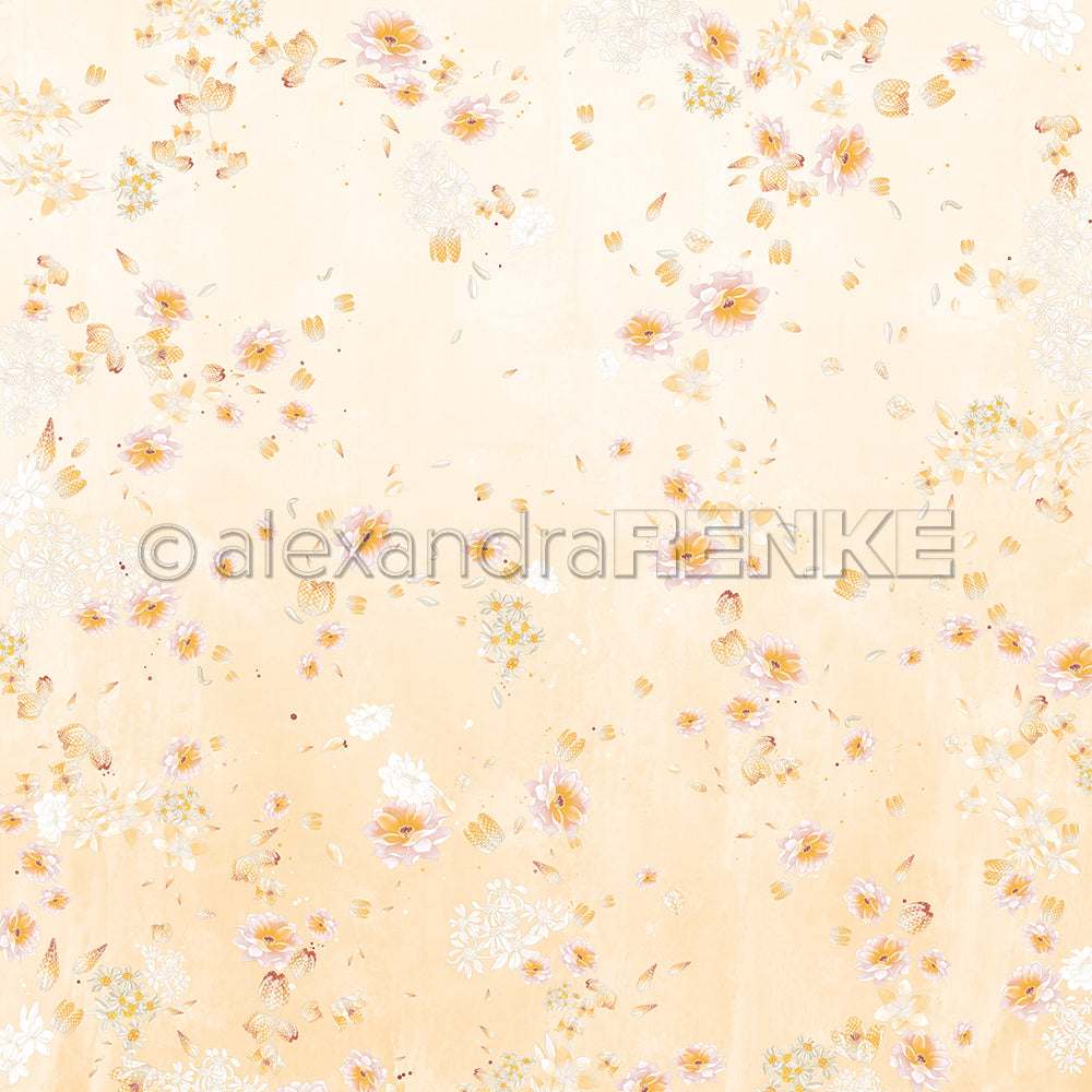 Designpapier 'Florale Blütenkomposition auf Warmapricot' 200g/m²