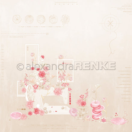 Designpapier 'Florale Nähmaschinenkomposition Puderbeige' 200g/m²