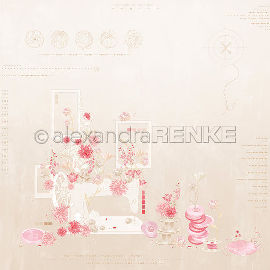 Designpapier 'Florale Nähmaschinenkomposition Puderbeige' 200g/m²