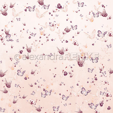 Designpapier 'Florale Schmetterlingskomposition auf Altrosa' 200g/m²