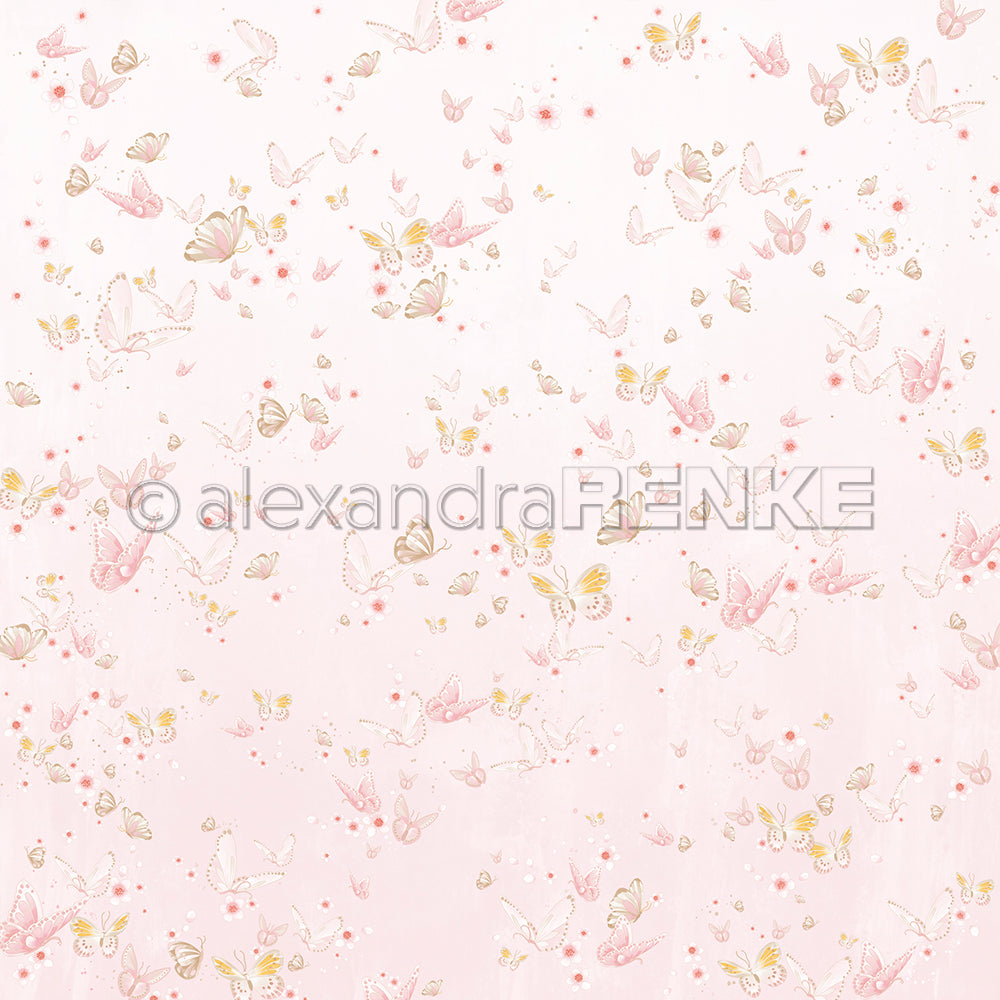 Designpapier 'Florale Schmetterlingskomposition auf Blassrosa' 200g/m²