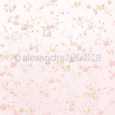 Designpapier 'Florale Schmetterlingskomposition auf Blassrosa' 200g/m²