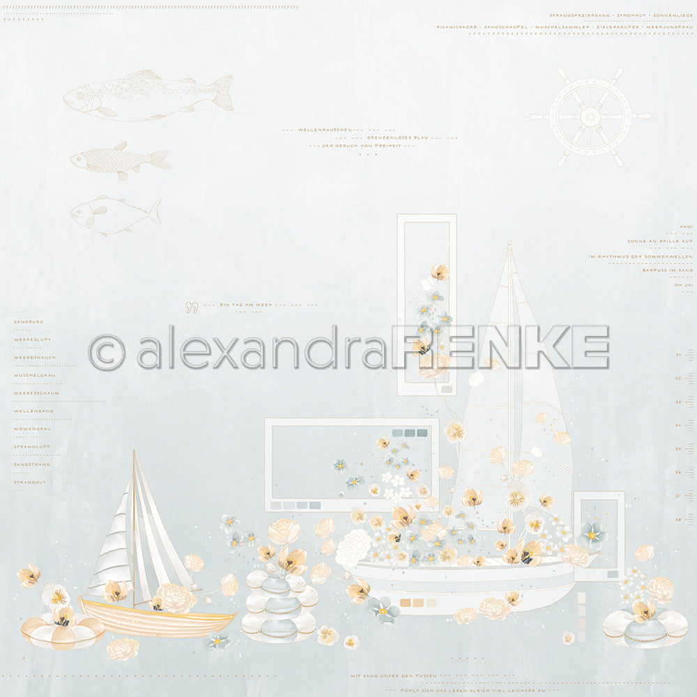 Designpapier 'Florale Schiffskomposition Jadeblau' 200g/m²