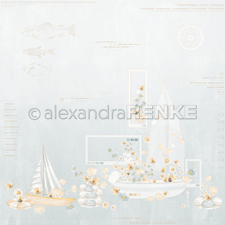 Designpapier 'Florale Schiffskomposition Jadeblau' 200g/m²