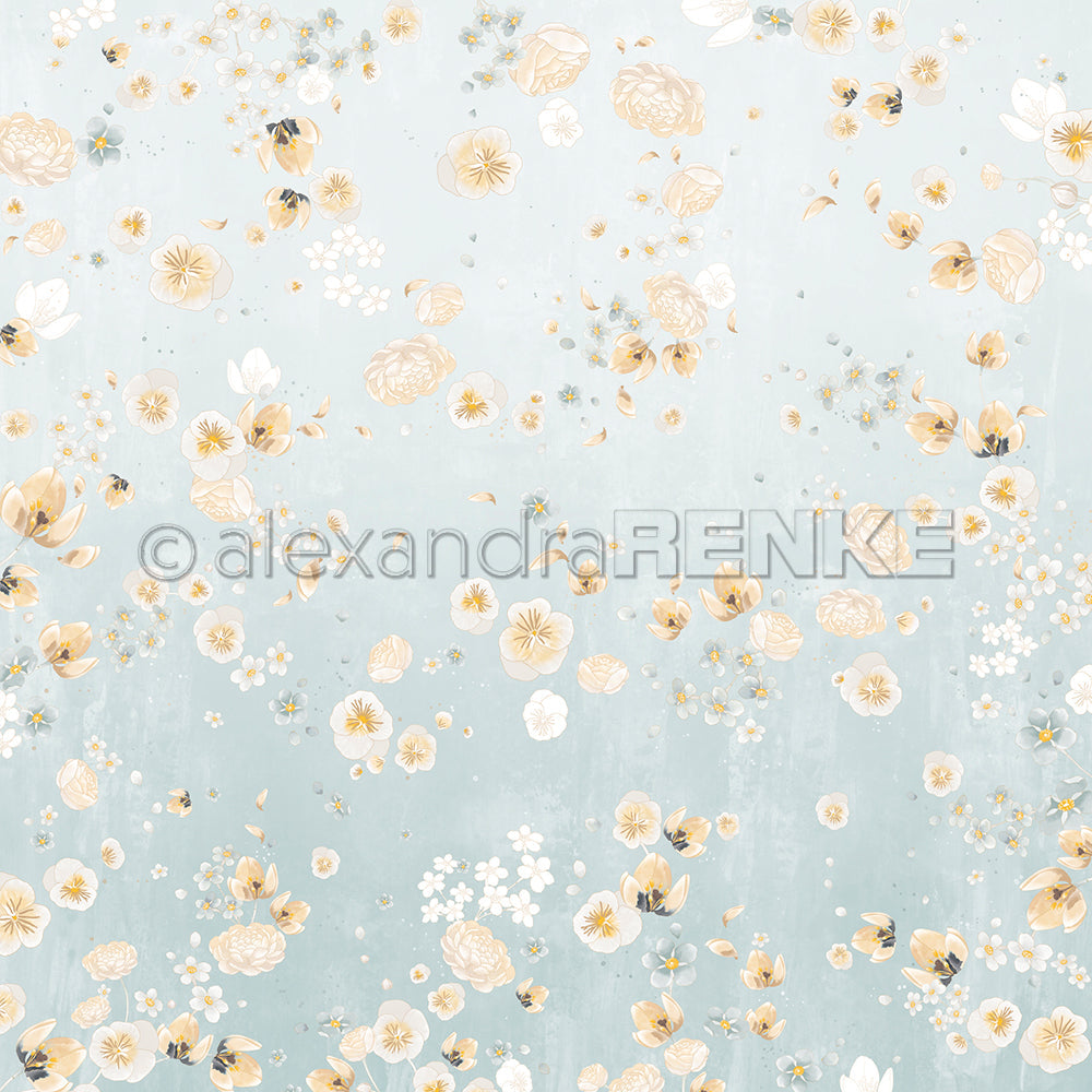 Designpapier 'Florale Blütenkomposition auf Jadeblau' A.RENKE