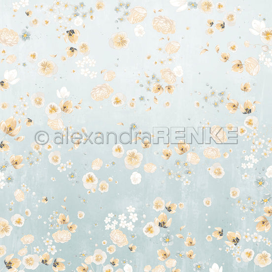 Designpapier 'Florale Blütenkomposition auf Jadeblau' A.RENKE