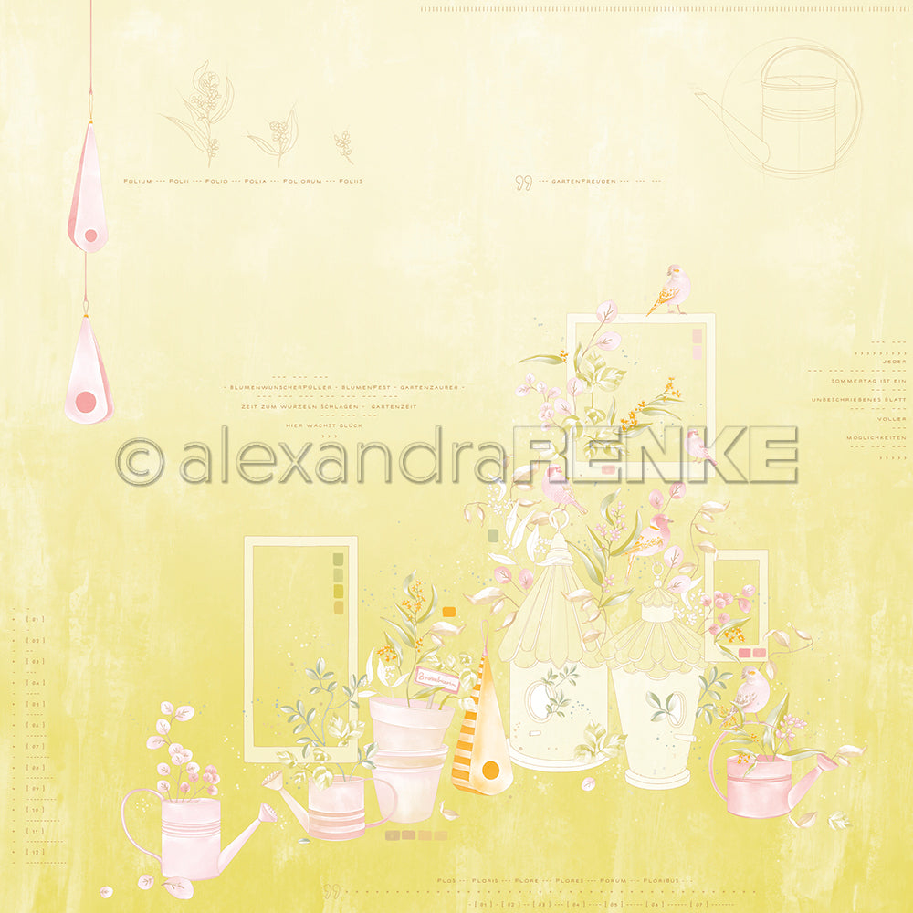 Designpapier 'Florale Gartenkomposition Gelbgrün' 200g/m²