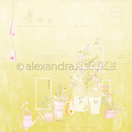 Designpapier 'Florale Gartenkomposition Gelbgrün' 200g/m²
