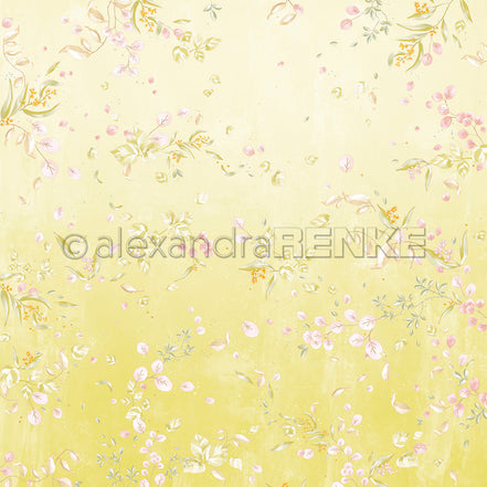 Designpapier 'Florale Blütenkomposition auf Gelbgrün' 200g/m²