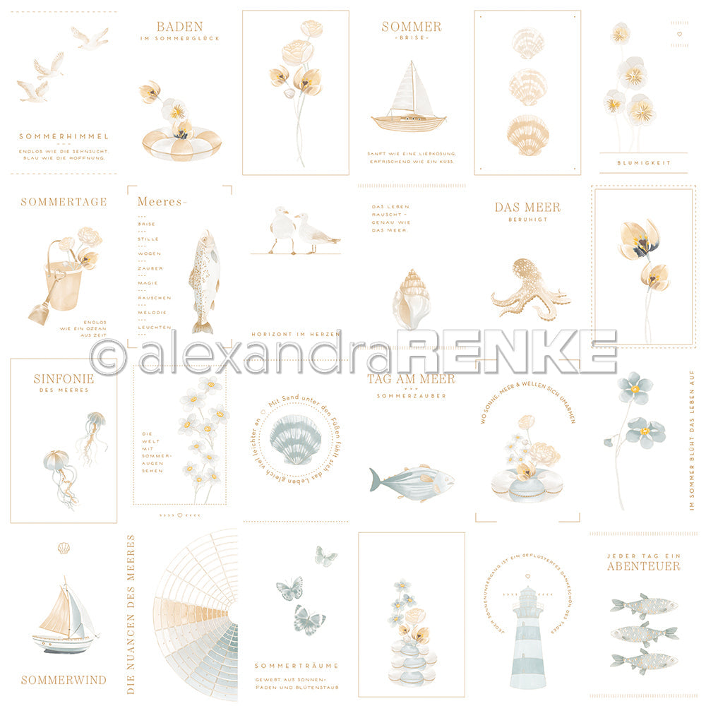 Designpapier 'Floraler Kärtchenbogen Blau Beige' 200g/m²