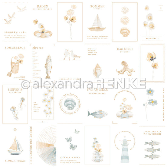 Designpapier 'Floraler Kärtchenbogen Blau Beige' 200g/m²
