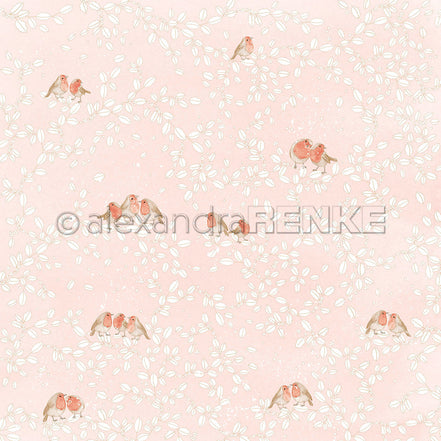 Design Paper 'Farbige Rothkehlchen zwischen Blattwerk auf Rosa' A. RENKE