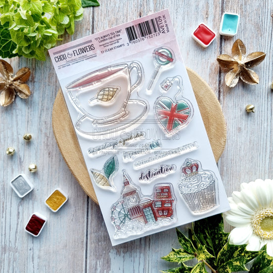 STAMP SET - LONDON CUP OF TEA -AVE109- CHOU &amp; FLOWERS