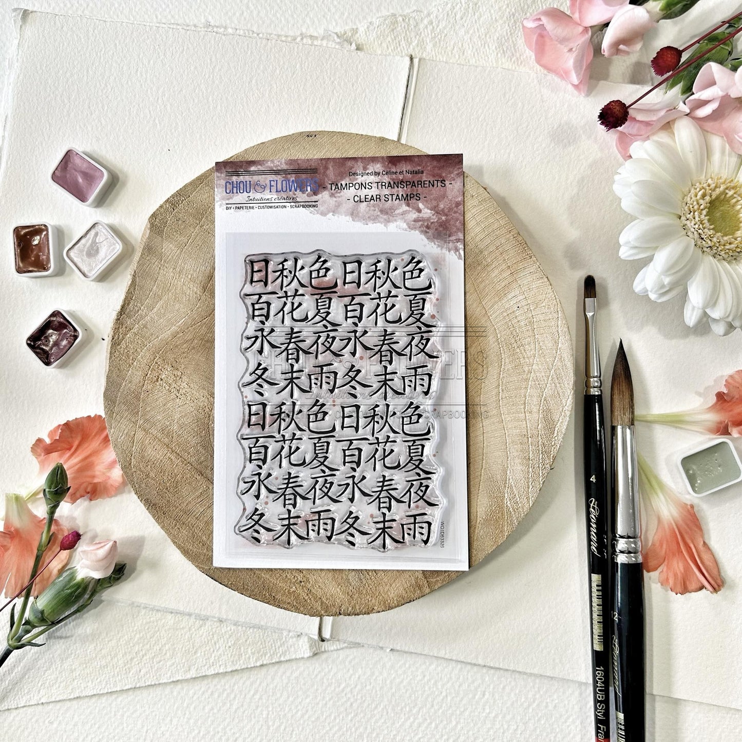 SET TIMBRI CLEAR -  FOND IDEOGRAMME -SOL118- CHOU & FLOWERS