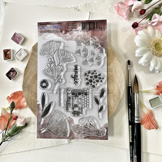 CLEAR STAMP SET - GINKGO TEXTURES -SOL124- CHOU &amp; FLOWERS