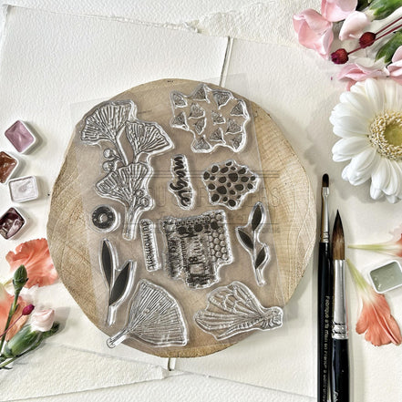 SET TIMBRI CLEAR -   GINKGO TEXTURES  -SOL124- CHOU & FLOWERS