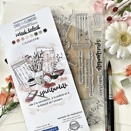 SET TIMBRI CLEAR - CALLIGRAPHIE  -SOL129- CHOU & FLOWERS