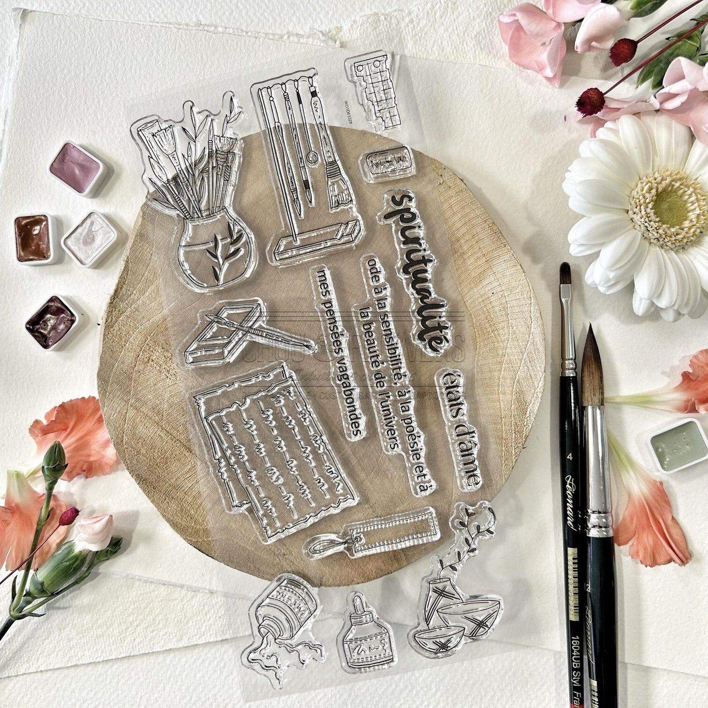 SET TIMBRI CLEAR - CALLIGRAPHIE  -SOL129- CHOU & FLOWERS